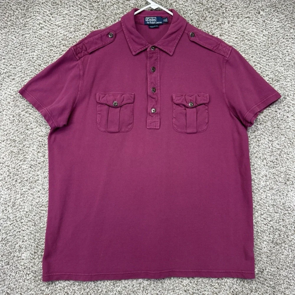 Vtg Polo Ralph Lauren Polo Shirt Men's XL Plum Military Epaulettes Custom Fit